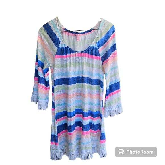Lilly Pulitzer Getaway Coverup Cats Meow Stripe Linen Dress Resort XS 25256 Pool - Picture 1 of 4